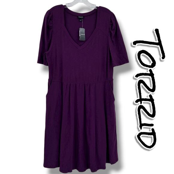 NWT Torrid Slub Mini Dress with Puff Sleeves Pockets Plum Womens Size 1 (14-16) - Picture 1 of 12
